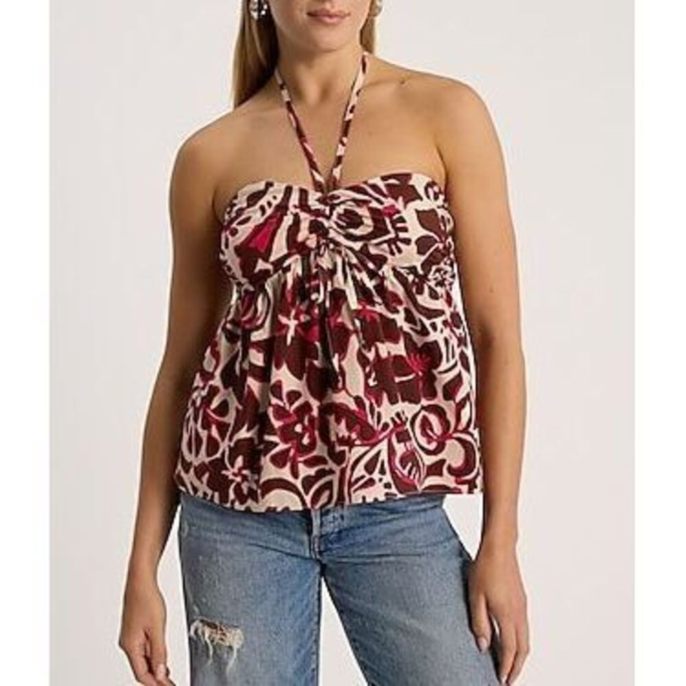 Printed Tie Halter Ruched Bow Tank